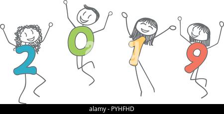 Figürliche Abbildungen in das neue Jahr 2019 feiern. Stock Vektor