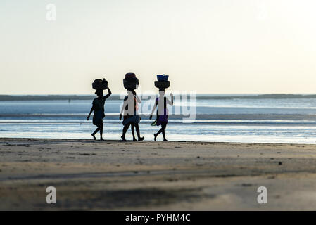 Schwarze Silhouette von Frauen, auf ihre Köpfe zu Fuß entlang der Strand bei Ebbe Stockfoto