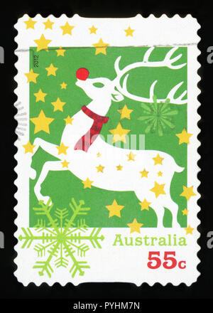 Australien - ca. 2012: Eine gebrauchte Briefmarke aus Australien, Darstellung zur Veranschaulichung der Rudolph das rote gerochene Ren, Weihnachten zu feiern, ca. Stockfoto