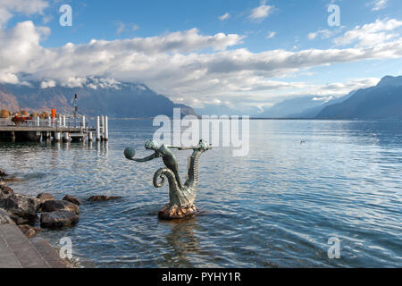VEVEY, SCHWEIZ - Oktober 29, 2015: Panoramablick von Vevey und dem Genfer See, Schweiz Stockfoto