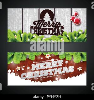 Frohe Weihnachten Banner Design mit Glas Kugel, Stern, Kiefer Zweig und Typografie Elemente auf Vintage Wood Texture Hintergrund. Vektor Urlaub Illustration für Grußkarten, Party Einladung oder Promo Banner. Stock Vektor