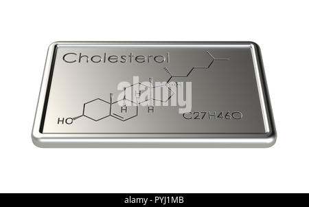 Die chemische Formel von Cholesterin auf silberner Platte Stockfoto