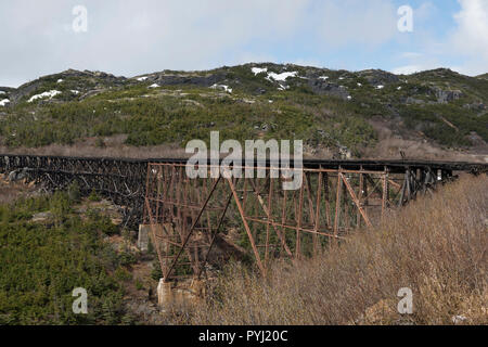Die stillgelegte Stahl freitragende Brücke auf der White Pass und Yukon Route Scenic Railway, Skagway, Alaska, USA Stockfoto