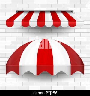 Kommerzielle Vordach Markise Serie. Vektor Pop-up-Store. Gestreiften Markisen. Design Element für Poster, Banner, Werbung Stock Vektor