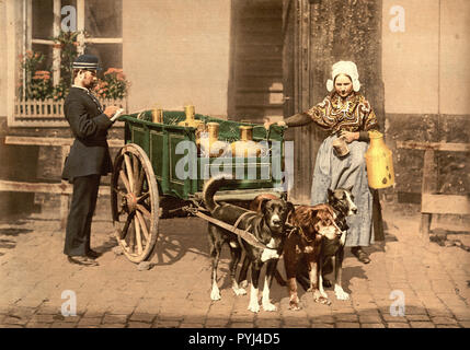 Flämische Milch Frau, Antwerpen, Belgien. 1890-1900 erhält ein Ticket von einem Polizisten Stockfoto