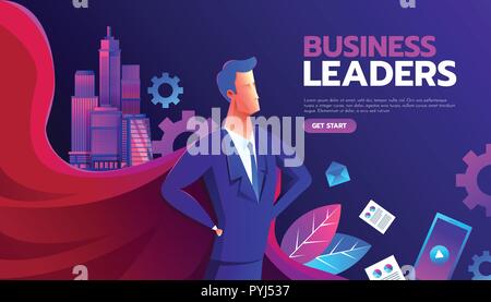 Junger Mann in einen Anzug und rotem Umhang Superhelden stehen in einer selbstbewussten Pose mit seinen Armen am Handgelenk. Das Konzept der Führung und Erfolg. Flache Vector Illustration. Stock Vektor