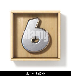 Silber Anzahl 6 Sechs in Holzkiste 3D-Render Abbildung auf weißem Hintergrund Stockfoto