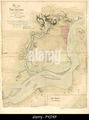 Vintage Karten/Antique Maps - Plan der Stadt Philadelphia und Umgebung erweist seine Abwehrkräfte während der Jahre 1777 und 1778, zusammen mit der Belagerung von Mud Island auf dem Fluss Delaware Stockfoto