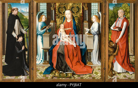 Meister der Legende von St. Lucy, Triptychon von Madonna und Kind mit Engeln; Spender und seinem Patron Peter Märtyrer und Heiligen Hieronymus, ca. 1475-1483 Öl auf Leinwand, Los Angeles County Museum of Art, Los Angeles, USA. Stockfoto