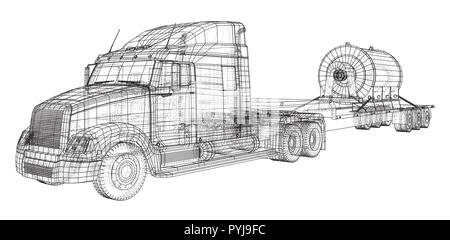 Niedrige Bett LKW-Anhänger. Cargo Fahrzeug. Wire-Frame. EPS 10-Format. Vektor Rendering von 3d Stock Vektor