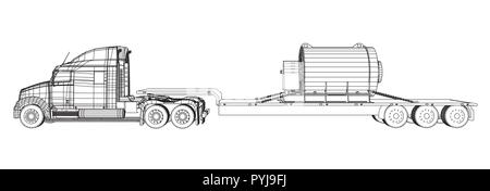 Niedrige Bett LKW-Anhänger. Abstrakte Zeichnung. Cargo Fahrzeug. Wire-Frame. EPS 10-Format. Vektor erstellt von 3d. Stock Vektor