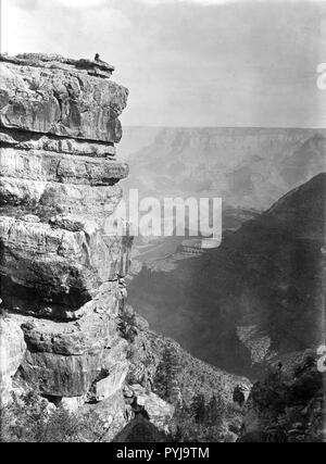 In diesem undatierten Foto (wahrscheinlich sehr frühen 1900s), sehen wir ein Gentleman man die Sehenswürdigkeiten und entspannen von harte Tage arbeiten... auf dem Rand einer Klippe. Aus dieser Sicht sind wir auf der Suche nach Norden über den Grand Canyon, die von einem Punkt auf der Ostseite der drei Burgen. Stockfoto