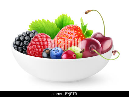 Isolierte frischen Beeren. Black, Himbeere, schwarze Johannisbeeren, Heidelbeeren, Preiselbeeren, Stachelbeeren, Erdbeeren und Kirschen in Weiß Schüssel auf Pfingstmontag isoliert Stockfoto