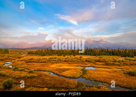 Die Morgensonne strahlt sein Licht auf die entfernten Grand Teton Bergkette über den goldenen Herbst Farben um die blacktail Teiche übersehen. Stockfoto