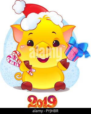 Gelbe erdigen Schwein mit Geschenkbox für das Neue Jahr 2019. Cute Symbol der chinesischen Horoskop. Stock Vektor