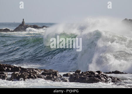 Große grüne Welle in einem sonnigen Tag. Portugiesische Küste. Stockfoto