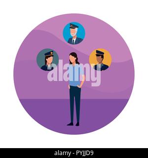 Frau und Polizei Büros Gesichter runde Symbole Vector Illustration graphic design Stock Vektor