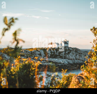Sonnenaufgang und Sonnenuntergang in Henningsvær Leuchtturm mit rosa Himmel. Das kleine Fischerdorf auf mehreren kleinen Inseln im Archipel der Lofoten, Keine Stockfoto