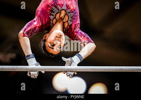 Doha, Katar. 28 Okt, 2018. Oktober 28, 2018: Nicolle Castro von Mexiko während Stufenbarren Qualifikation an der Aspire Dome in Doha, Katar, künstlerische Bild Turn-WM. Ulrik Pedersen/CSM Credit: Cal Sport Media/Alamy leben Nachrichten Stockfoto