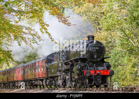 Kidderminster, Großbritannien. 28. Oktober, 2018. UK Wetter: mit herrlichen Herbst Sonne im Überfluss vorhanden heute, Britische Dampflokomotiven auf den Severn Valley Railway Heritage Line sind eine wahre Freude zu sehen, dappled Sonnenlicht, das durch die schönen, Herbst, Landschaft von Worcestershire. Quelle: Lee Hudson/Alamy leben Nachrichten Stockfoto