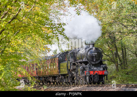 Kidderminster, Großbritannien. 28. Oktober, 2018. UK Wetter: mit herrlichen Herbst Sonne im Überfluss vorhanden heute, Britische Dampflokomotiven auf den Severn Valley Railway Heritage Line sind eine wahre Freude zu sehen, dappled Sonnenlicht, das durch die schönen, Herbst, Landschaft von Worcestershire. Quelle: Lee Hudson/Alamy leben Nachrichten Stockfoto