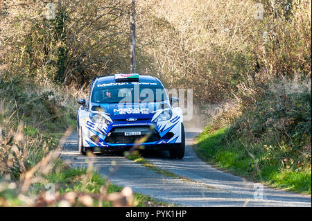 Ballydehob, West Cork, Irland. Als die Sonne untergeht, auf einem anderen Fastnet Rallye Fahrer Melvyn Evans und sein Navigator Sean Hayde verhandeln in ihren Ford Fiesta WRC während einer Phase des Fastnet Rallye 2018 von Skibbereen Car Club organisierten biegen. Credit: Andy Gibson/Alamy Leben Nachrichten. Stockfoto