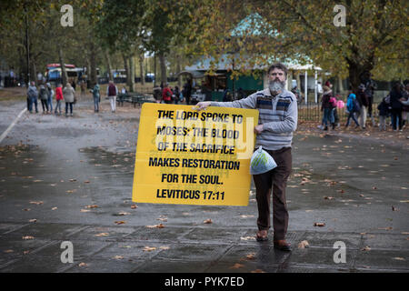 London, Großbritannien. 28. Oktober, 2018. Predigt und Debatten an Speakers' Corner, das öffentliche Sprechen nord-östlichen Ecke des Hyde Park. Credit: Guy Corbishley/Alamy leben Nachrichten Stockfoto