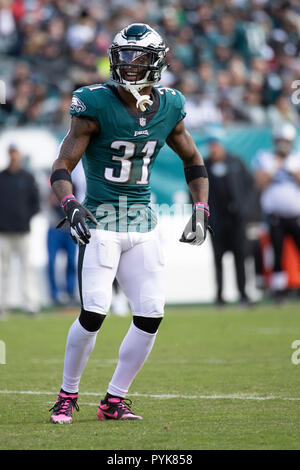 Philadelphia, Pennsylvania, USA. Okt, 2018 21. Philadelphia Eagles cornerback Jalen Mühlen (31), die in Aktion während der NFL Spiel zwischen den Carolina Panthers und die Philadelphia Eagles am Lincoln Financial Field in Philadelphia, Pennsylvania. Christopher Szagola/CSM/Alamy leben Nachrichten Stockfoto
