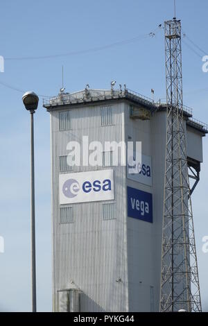 Korou, Frankreich. Okt, 2018 19. Auf der Anzeige ist Teil der Startrampe für die Vega Rakete auf dem Gelände der Weltraumbahnhof Kourou in Französisch-Guayana. Die Vega ist die kleinste Trägerrakete der Europäischen Raumfahrtagentur ESA. Credit: Janne Kieselbach/dpa/Alamy leben Nachrichten Stockfoto