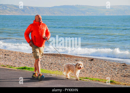 Dorchester, Dorset, Großbritannien. 29. Oktober 2018. Menschen warm gegen die Bitterkalten Wind und die Sonne in Weymouth Credit: stuart Hartmut Ost/Alamy Leben Nachrichten machen Stockfoto