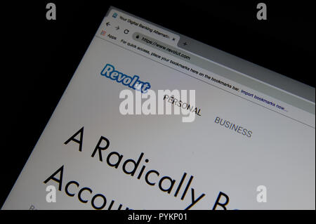 Die Revolut website. Revolut ist ein digitales Banki, bietet Dienstleistungen wie vorausbezahlte Karten, Währungsumtausch, cryptocurrency Exchange und Peer Stockfoto