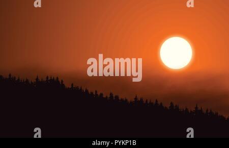 Realistische Darstellung der Berglandschaft mit nadelwald unter morgens oder abends orange Himmel mit dunklen Wolken und steigende oder Einstellung der Sonne - v Stock Vektor