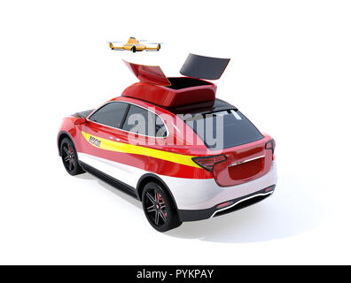 Quadcopter Drohne von Electric rescue-SUV. 3D-Bild. Stockfoto