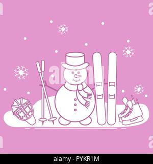Winter im Freien genießen können. Schneemann mit Ski- und Hockey Ausrüstung. Vektor cartoon Skifahrer Symbol. Design für Werbung von aktiven Lebensstil. Stock Vektor