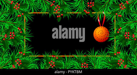 Neues Jahr, Weihnachten, Weihnachten, Winter Urlaub. Banner, Einladung, Flyer. Rahmen aus Tanne und Holly Filialen. Pomander - orange und Nelken. Schwarzen Hintergrund. Horizontales Layout. Stockfoto
