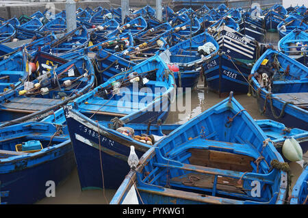 Blau Holz Fischerboote im Hafen von Essaouira, Marokko, Afrika Stockfoto