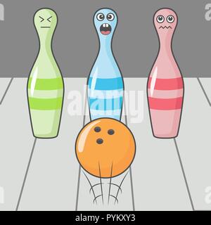 Lustige cartoon Kegeln. Bowling Spiel mit Ball und erschrocken Kegeln Stock Vektor
