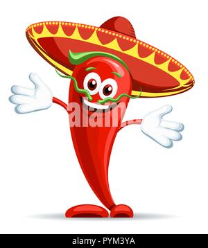 Pfeffer in der sombrero. Lächelnd hot pepper Symbol, Cartoon mexikanische chili peppers Vektor Charakter mit Schnurrbart und Arme Stock Vektor