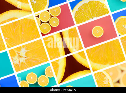 Eine Collage von vielen Bildern mit saftigen Orangen. Einstellen von Bildern mit Früchten auf Hintergründe in verschiedenen Farben Stockfoto