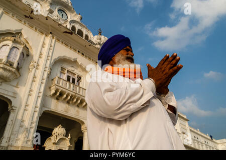 Sikh devotee am Eingang in die Goldenen Tempel beten Komplex Stockfoto