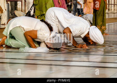 Sikh Gläubige beten am Eingang in die Goldenen Tempel Komplex Stockfoto