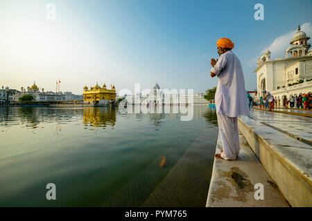 Ein Sikh devotee steht und Gebet an den Heiligen pool Der Harmandir Sahib, der Goldene Tempel Stockfoto