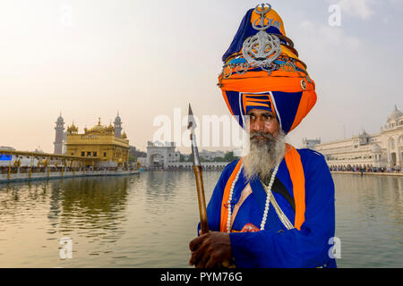 Das Porträt einer Nihang, einem Sikh heiliger Mann in seiner traditionellen Kleid, vor dem Harmandir Sahib, der Goldene Tempel Stockfoto