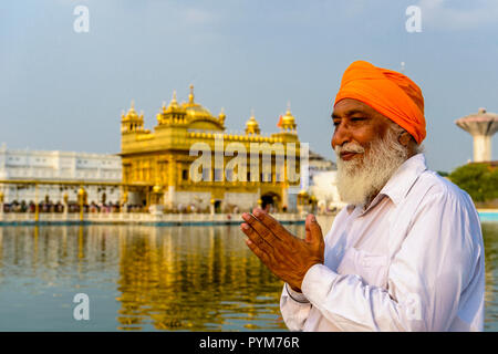 Ein Sikh devotee steht und Gebet an den Heiligen pool Der Harmandir Sahib, der Goldene Tempel Stockfoto