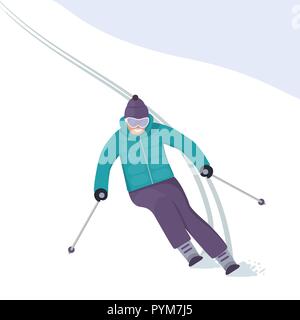 Der Skifahrer stürzt den Hang hinunter mit einem Lächeln auf seinem Gesicht. Winterurlaub in den Bergen. Ski Alpin. Vector Illustration im flachen Stil Stock Vektor