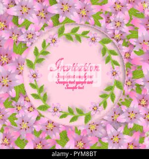 Vorlage für eine Einladung, bunte Karte mit einem Hintergrund von Blumen der Lilien. Vector Illustration. Stock Vektor
