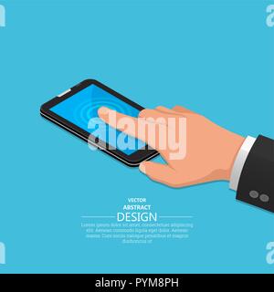 Hand mit dem Finger auf dem Touchscreen des Telefons. Eine vektorielle Abbildung in isometrischer 3D-Stil. Stock Vektor