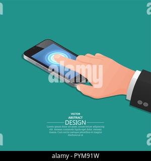 Hand Finger auf dem Touchscreen Handy wie das iPhone. Ein Vektor Illustration in isometrischer 3D-Stil. Stock Vektor
