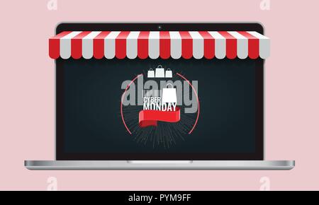 Cyber Monday oder schwarzer Freitag und Online Store shopping Konzept Laptop Bildschirm mit gestreiften Markise. Vector Illustration. Stock Vektor