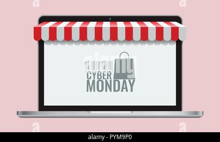 Cyber Monday oder schwarzer Freitag und Online Store shopping Konzept Laptop Bildschirm mit gestreiften Markise. Vector Illustration. Stock Vektor